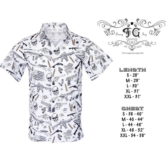 Funny Guy Mugs Gun Skull Print Shirt XXL White Graphic Button Up Men's Top - Picture 6 of 12
